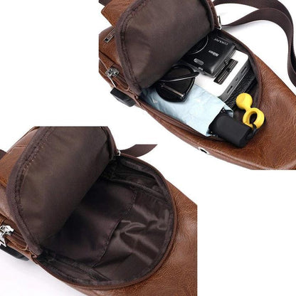 Waterproof Leather Sling Chest Bag with USB Port