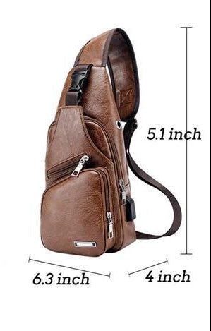 Waterproof Leather Sling Chest Bag with USB Port