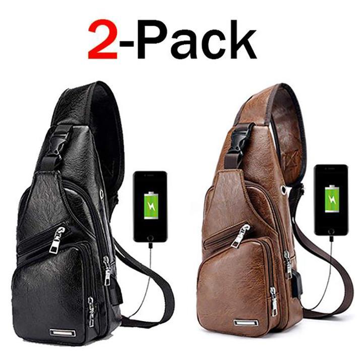 Waterproof Leather Sling Chest Bag with USB Port