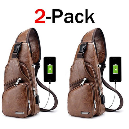 Waterproof Leather Sling Chest Bag with USB Port