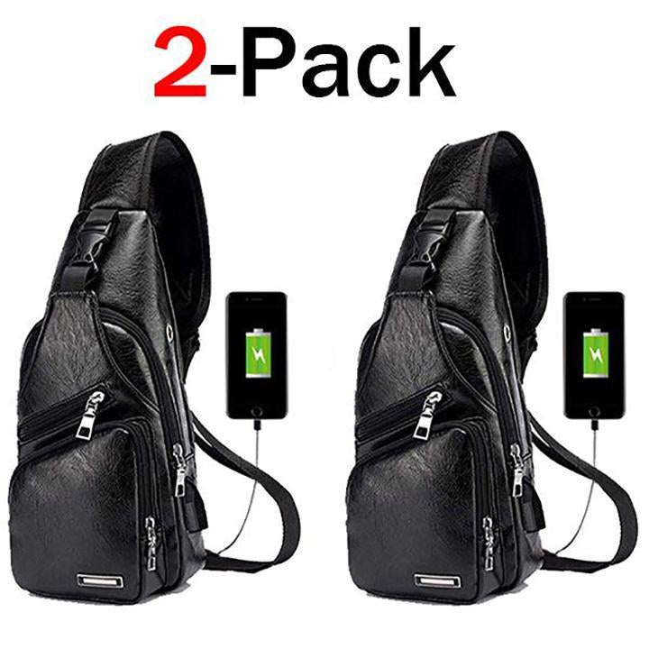 Waterproof Leather Sling Chest Bag with USB Port
