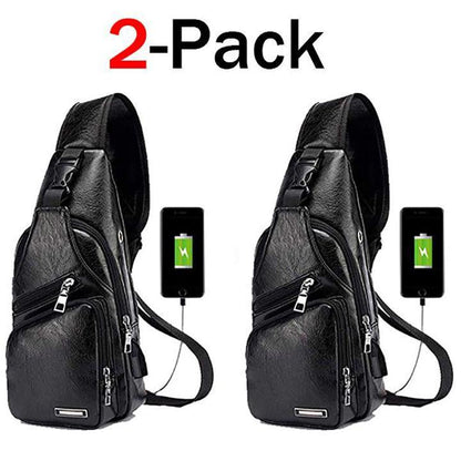 Waterproof Leather Sling Chest Bag with USB Port