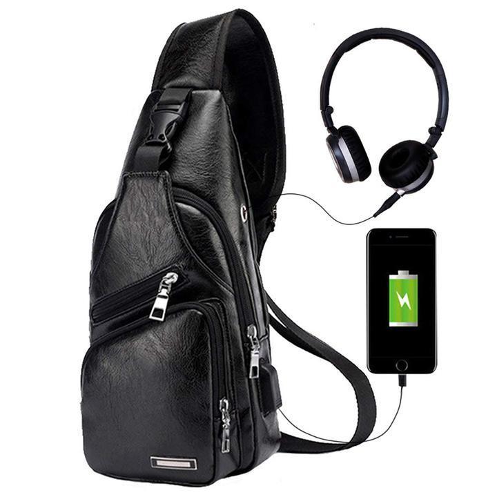 Waterproof Leather Sling Chest Bag with USB Port