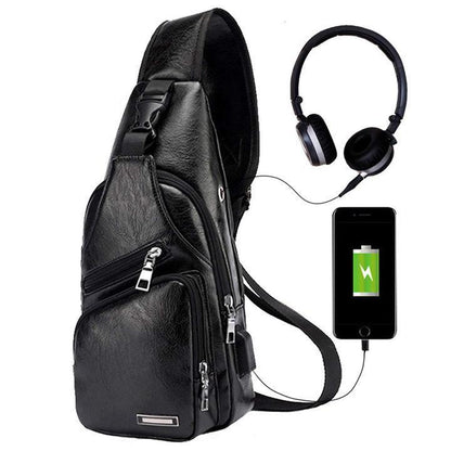 Waterproof Leather Sling Chest Bag with USB Port