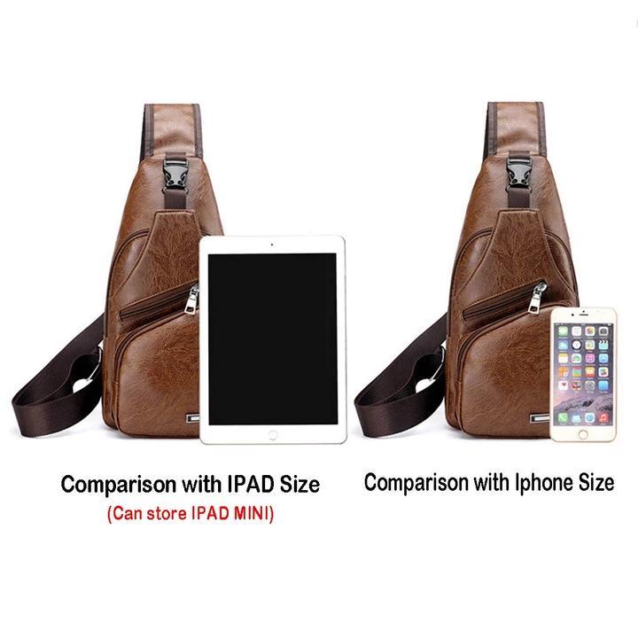Waterproof Leather Sling Chest Bag with USB Port