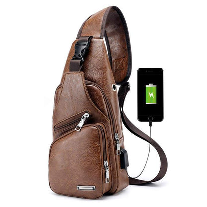 Waterproof Leather Sling Chest Bag with USB Port