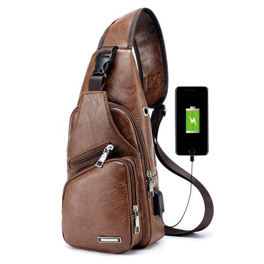 Waterproof Leather Sling Chest Bag with USB Port