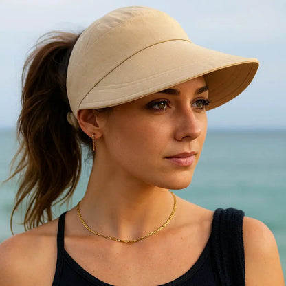 Wide Brim Foldable Sun Hat with Ponytail Opening