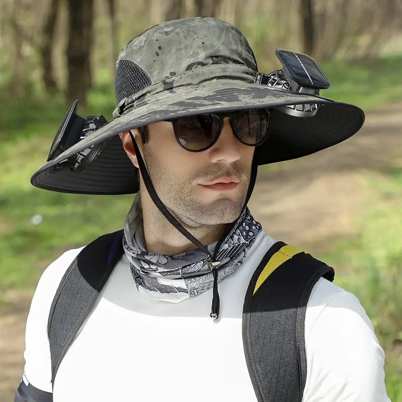 Wide Brim Solar Fan Sun Hat with USB Rechargeable Cooling