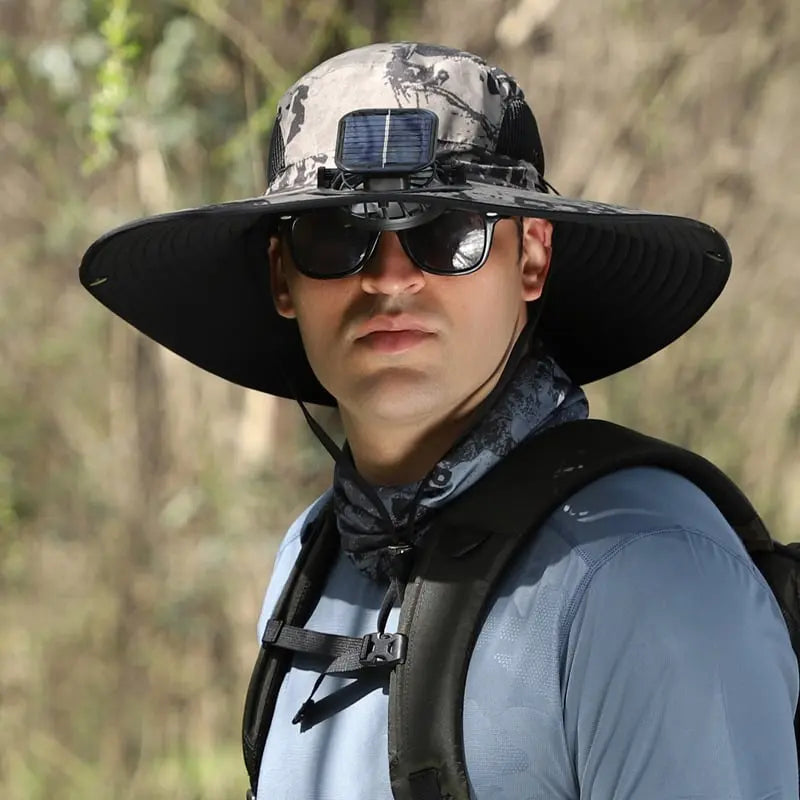 Wide Brim Solar Fan Sun Hat with USB Rechargeable Cooling