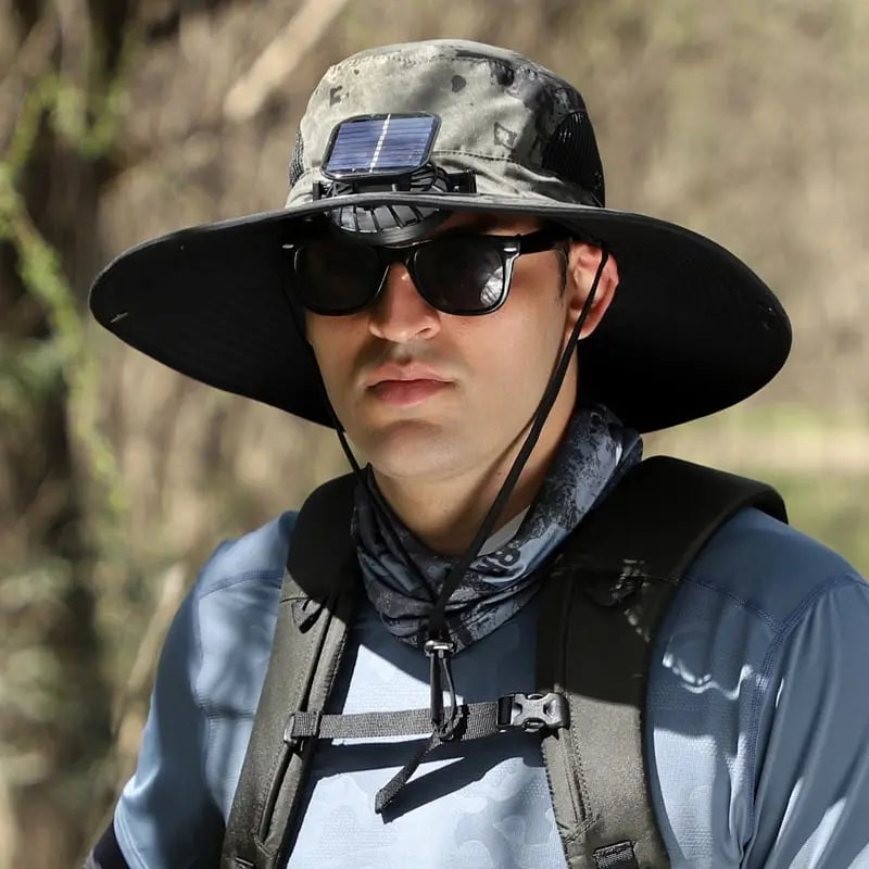 Wide Brim Solar Fan Sun Hat with USB Rechargeable Cooling