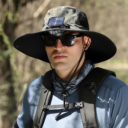 Wide Brim Solar Fan Sun Hat with USB Rechargeable Cooling
