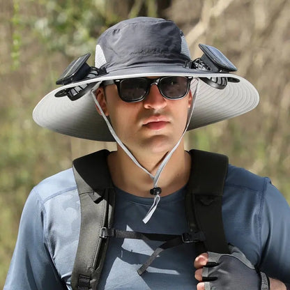 Wide Brim Solar Fan Sun Hat with USB Rechargeable Cooling