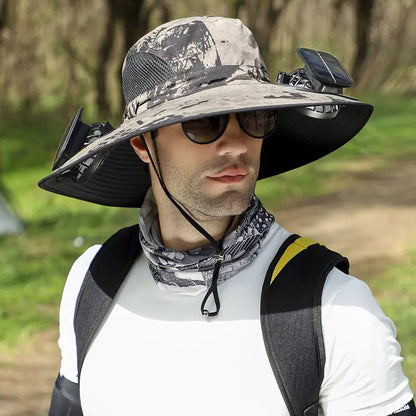 Wide Brim Solar Fan Sun Hat with USB Rechargeable Cooling