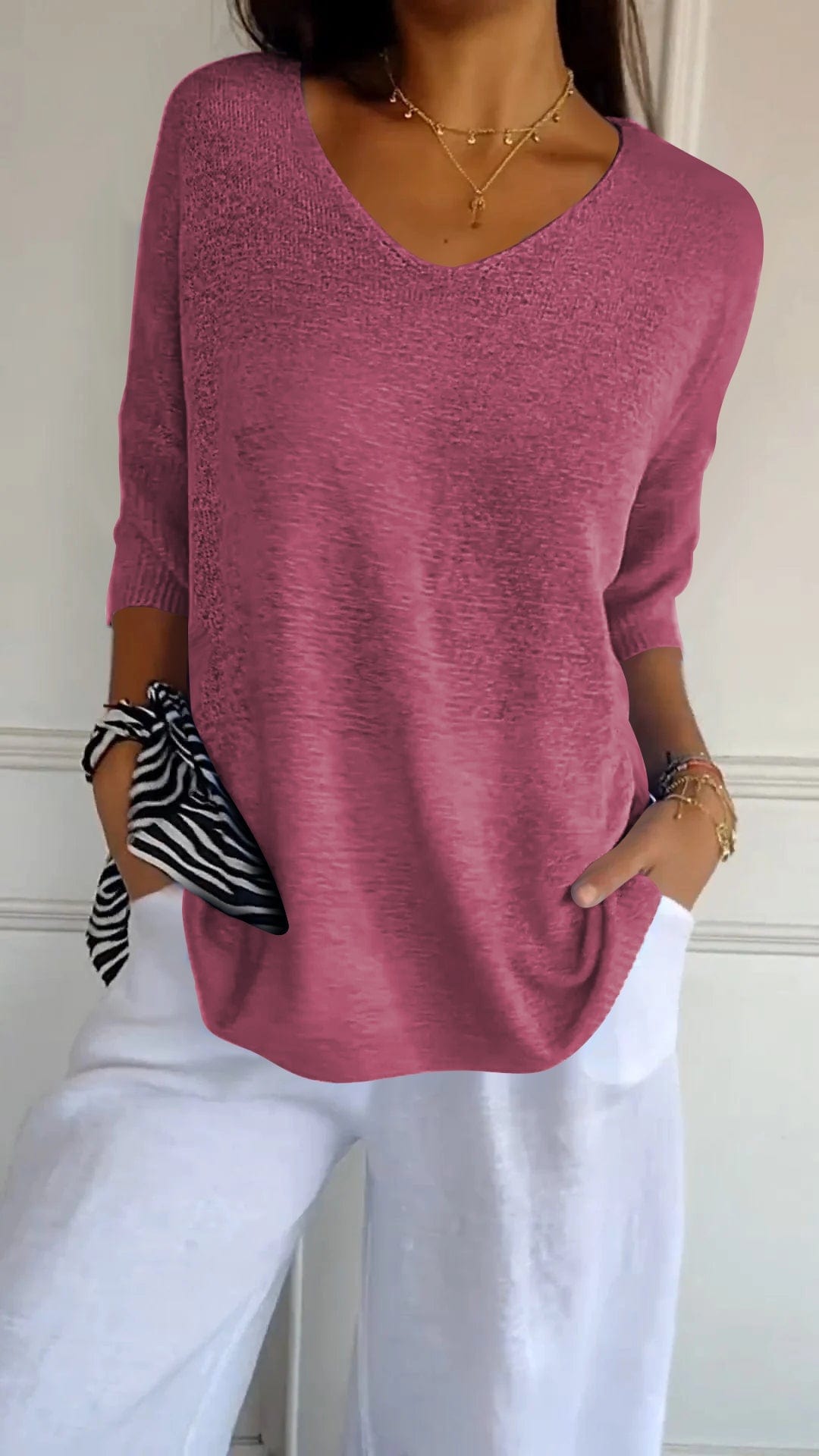 Women's Cotton Blend V Neck Knit Top with Three Quarter Sleeves
