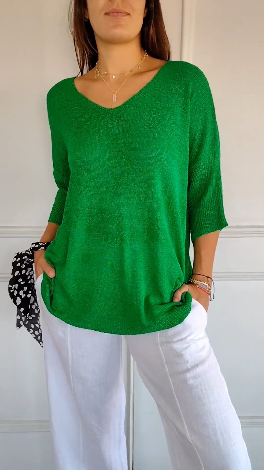 Women's Cotton Blend V Neck Knit Top with Three Quarter Sleeves