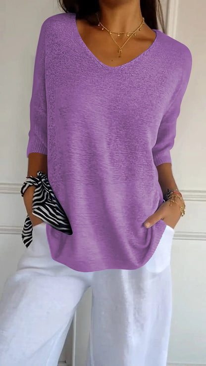 Women's Cotton Blend V Neck Knit Top with Three Quarter Sleeves