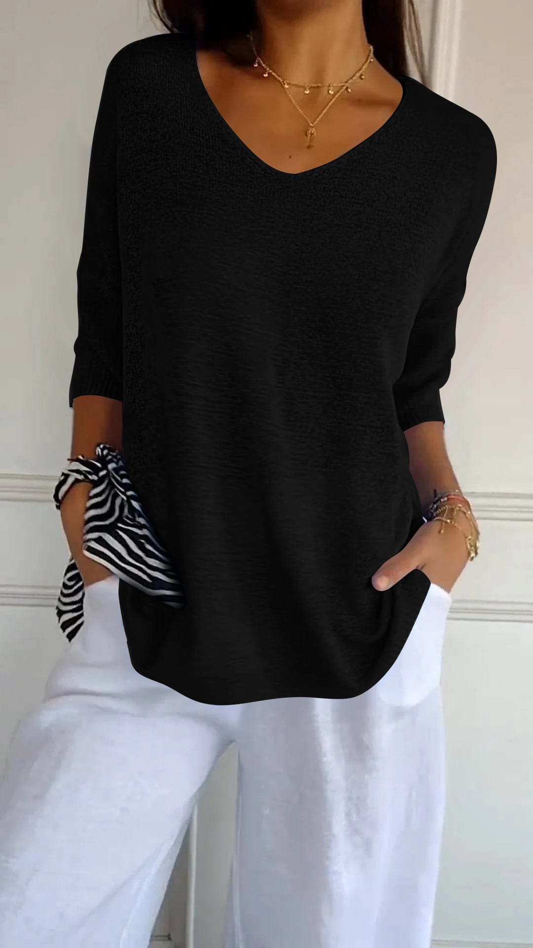 Women's Cotton Blend V Neck Knit Top with Three Quarter Sleeves