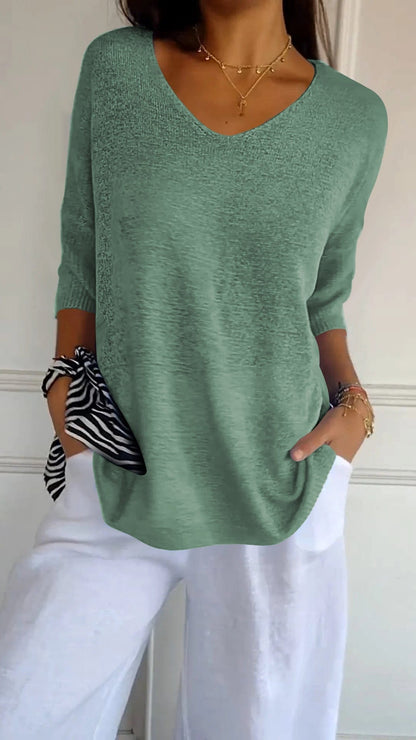 Women's Cotton Blend V Neck Knit Top with Three Quarter Sleeves