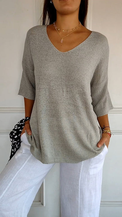 Women's Cotton Blend V Neck Knit Top with Three Quarter Sleeves