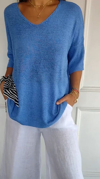 Women's Cotton Blend V Neck Knit Top with Three Quarter Sleeves