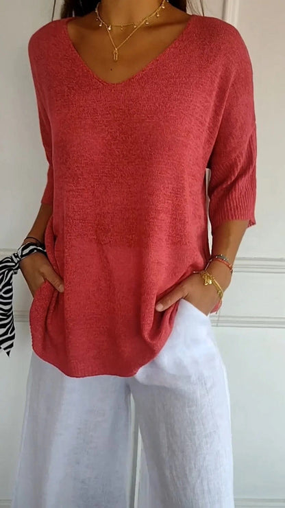 Women's Cotton Blend V Neck Knit Top with Three Quarter Sleeves