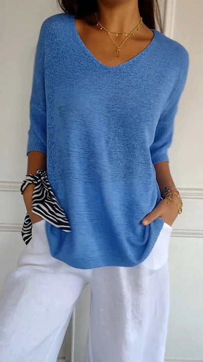 Women's Cotton Blend V Neck Knit Top with Three Quarter Sleeves