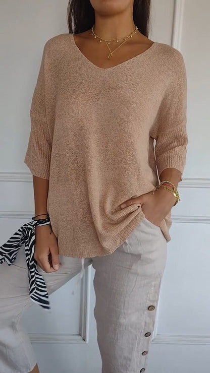 Women's Cotton Blend V Neck Knit Top with Three Quarter Sleeves