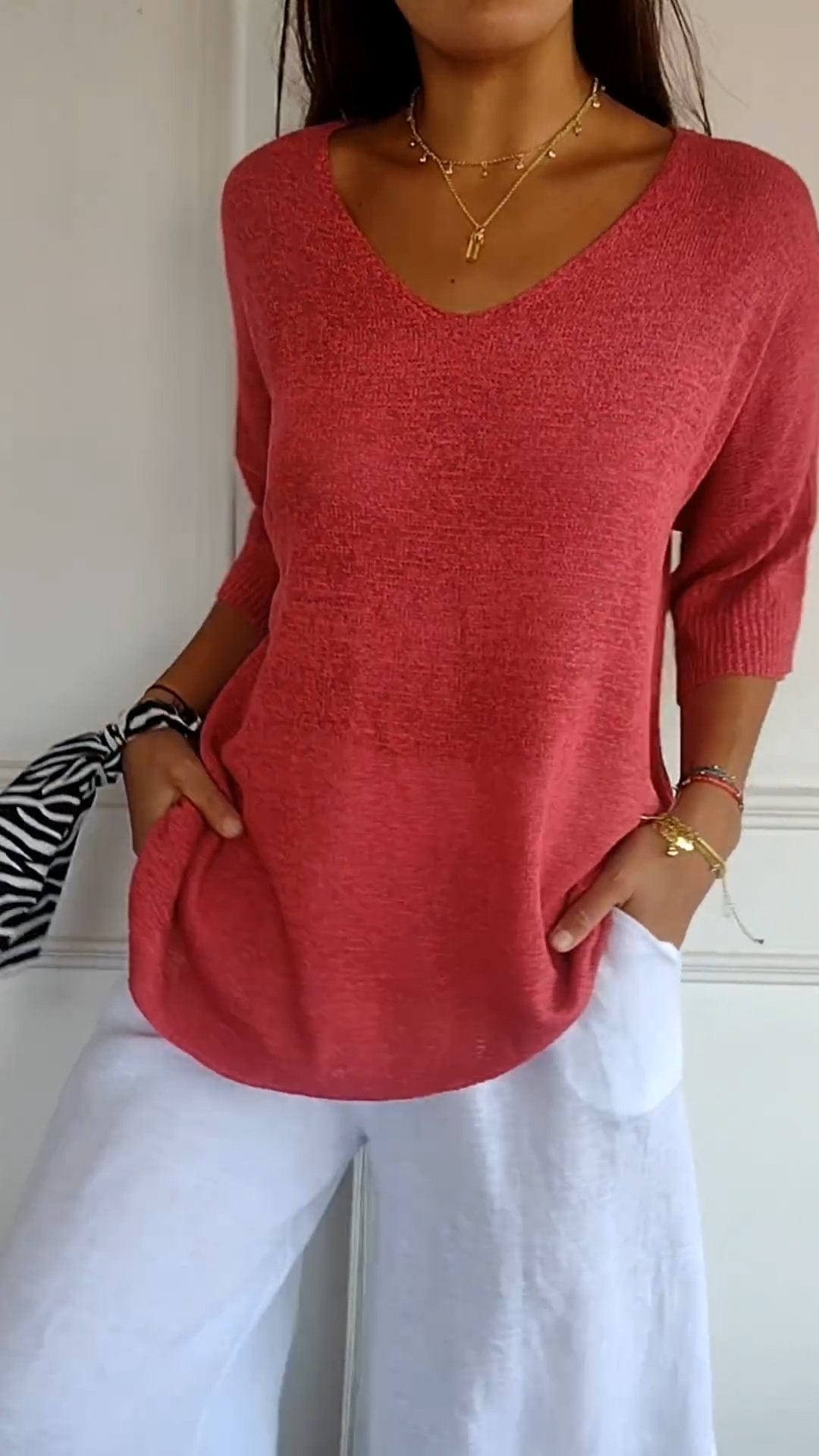 Women's Cotton Blend V Neck Knit Top with Three Quarter Sleeves