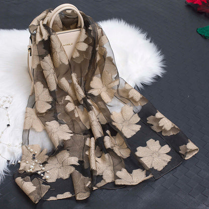 Women's Floral Organza Silk Feel Scarf Wrap Shawl