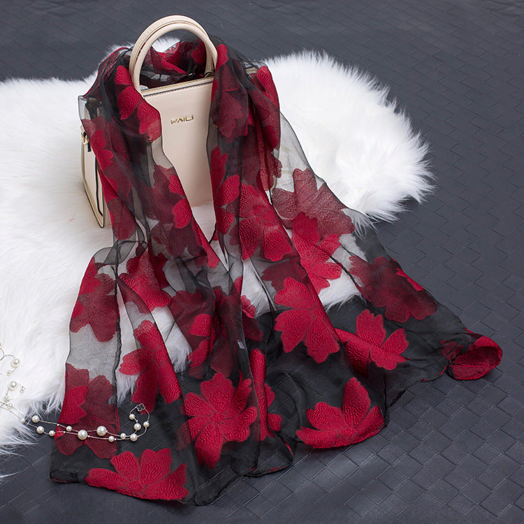 Women's Floral Organza Silk Feel Scarf Wrap Shawl
