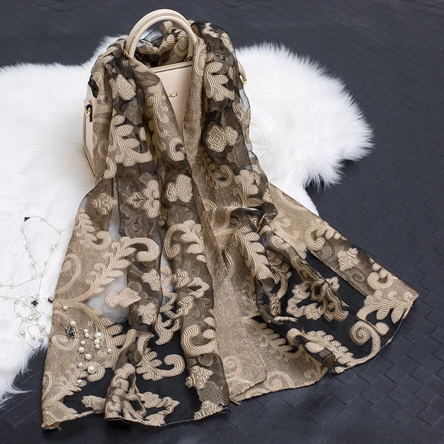 Women's Floral Organza Silk Feel Scarf Wrap Shawl
