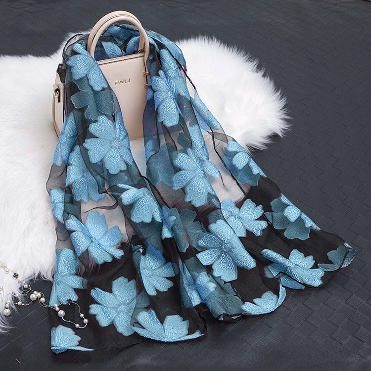 Women's Floral Organza Silk Feel Scarf Wrap Shawl