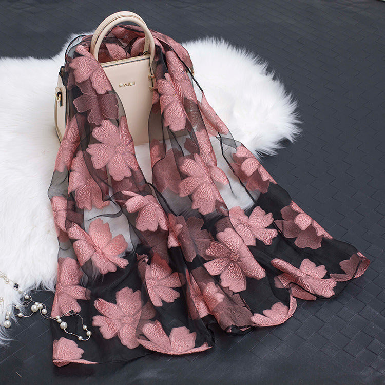 Women's Floral Organza Silk Feel Scarf Wrap Shawl
