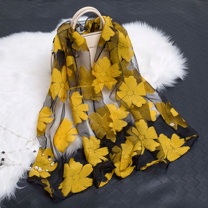 Women's Floral Organza Silk Feel Scarf Wrap Shawl