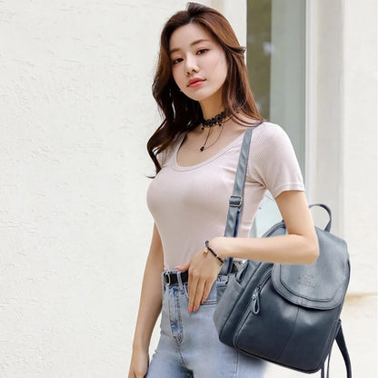Women's Genuine Leather Backpack with Multi Pocket Design