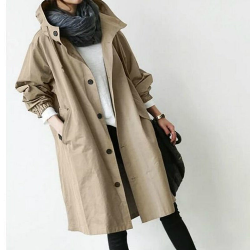 Women's Hooded Windproof Trench Coat with Adjustable Waist and Relaxed Fit