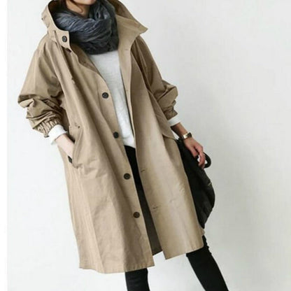 Women's Hooded Windproof Trench Coat with Adjustable Waist and Relaxed Fit