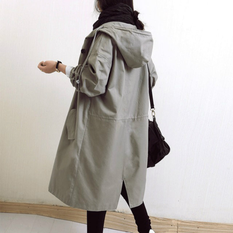 Women's Hooded Windproof Trench Coat with Adjustable Waist and Relaxed Fit