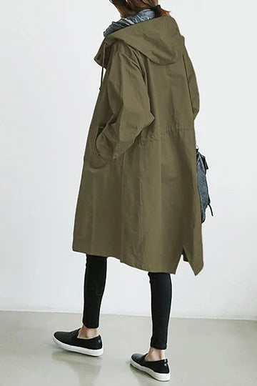 Women's Hooded Windproof Trench Coat with Adjustable Waist and Relaxed Fit