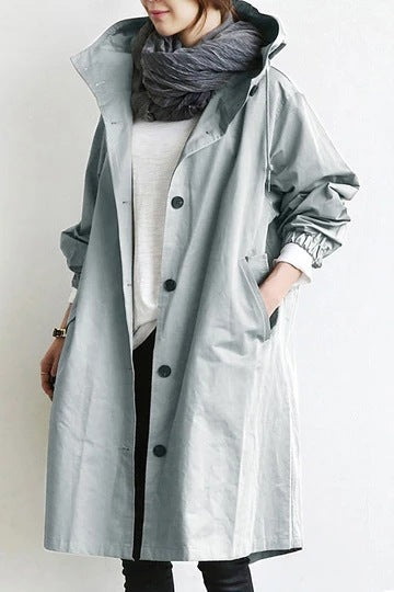 Women's Hooded Windproof Trench Coat with Adjustable Waist and Relaxed Fit