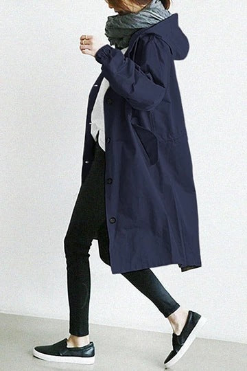 Women's Hooded Windproof Trench Coat with Adjustable Waist and Relaxed Fit