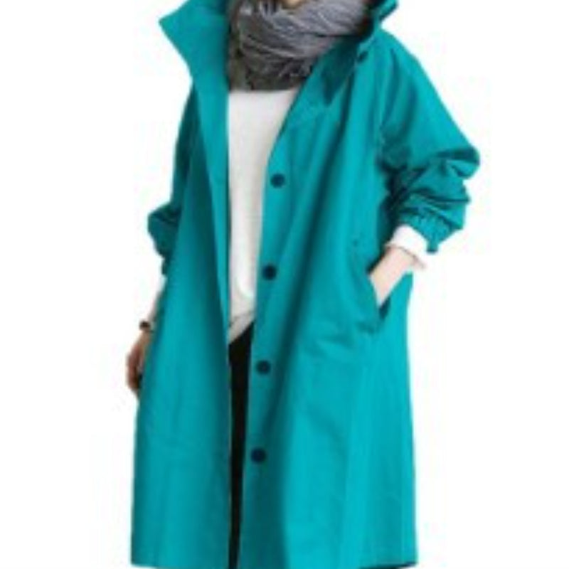 Women's Hooded Windproof Trench Coat with Adjustable Waist and Relaxed Fit