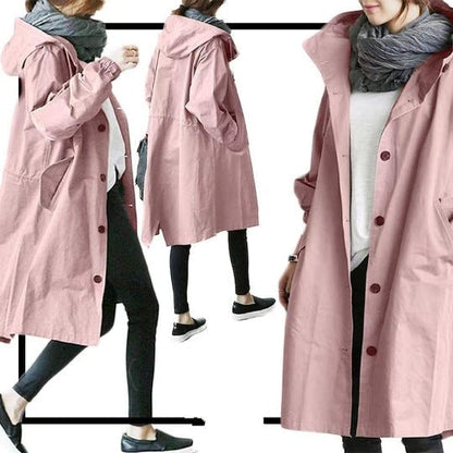 Women's Hooded Windproof Trench Coat with Adjustable Waist and Relaxed Fit