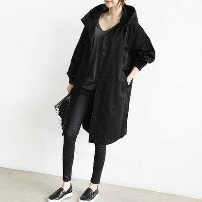 Women's Hooded Windproof Trench Coat with Adjustable Waist and Relaxed Fit