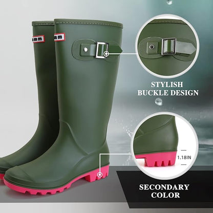 Women's Waterproof Tall Rain Boots with Grip Sole