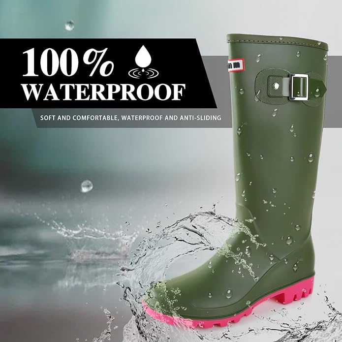 Women's Waterproof Tall Rain Boots with Grip Sole