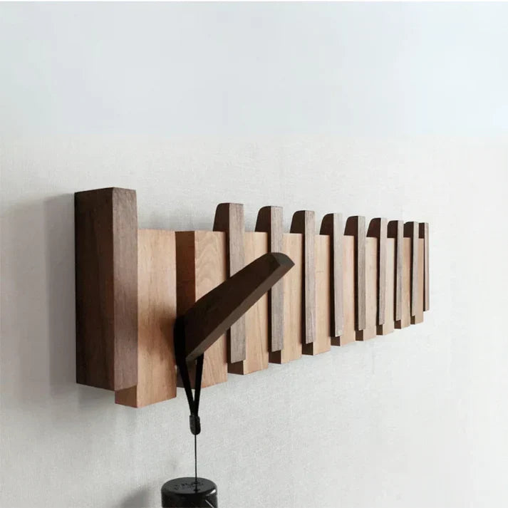 Wooden Piano Key Wall Coat Rack with Folding Hooks