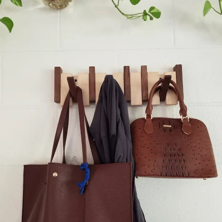 Wooden Piano Key Wall Coat Rack with Folding Hooks