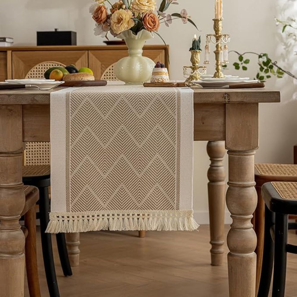 Woven Zigzag Table Runner with Fringed Ends